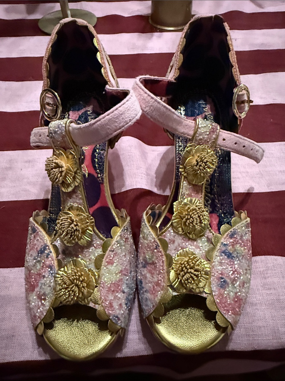 Irregular Choice Pink Floral Gold Heels